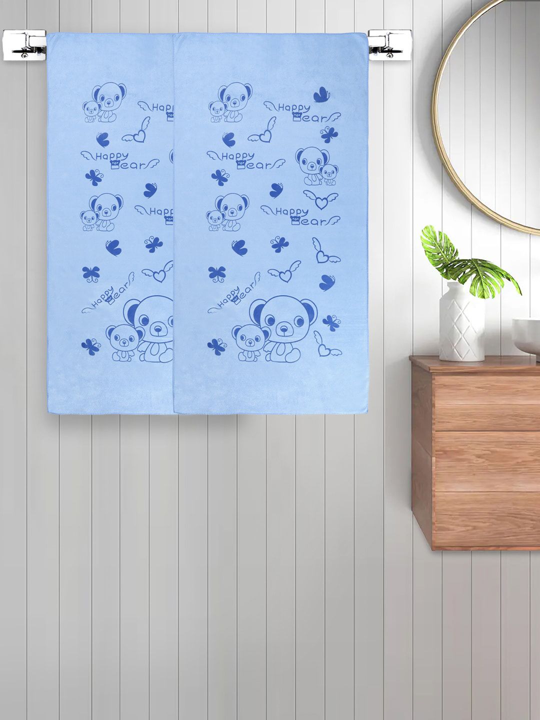 FABINALIV Unisex Kids Blue 2 Pieces Printed Cotton 300 GSM Bath Towels