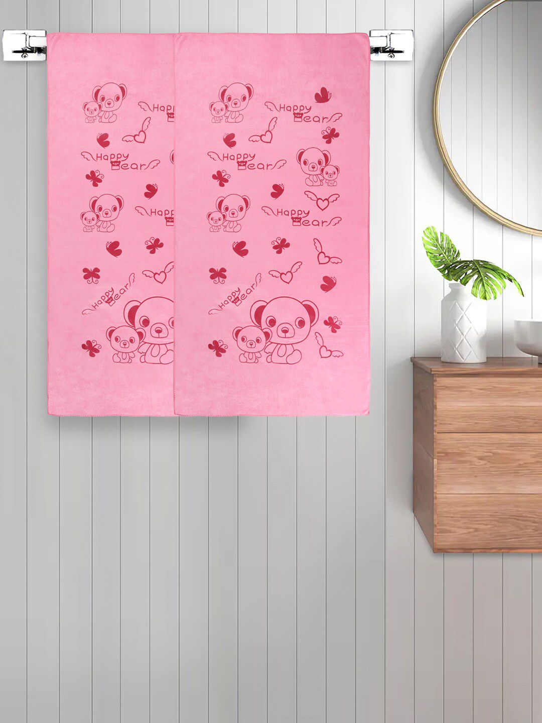 FABINALIV Unisex Kids 2 Pieces Pink Printed Cotton 300 GSM Bath Towels