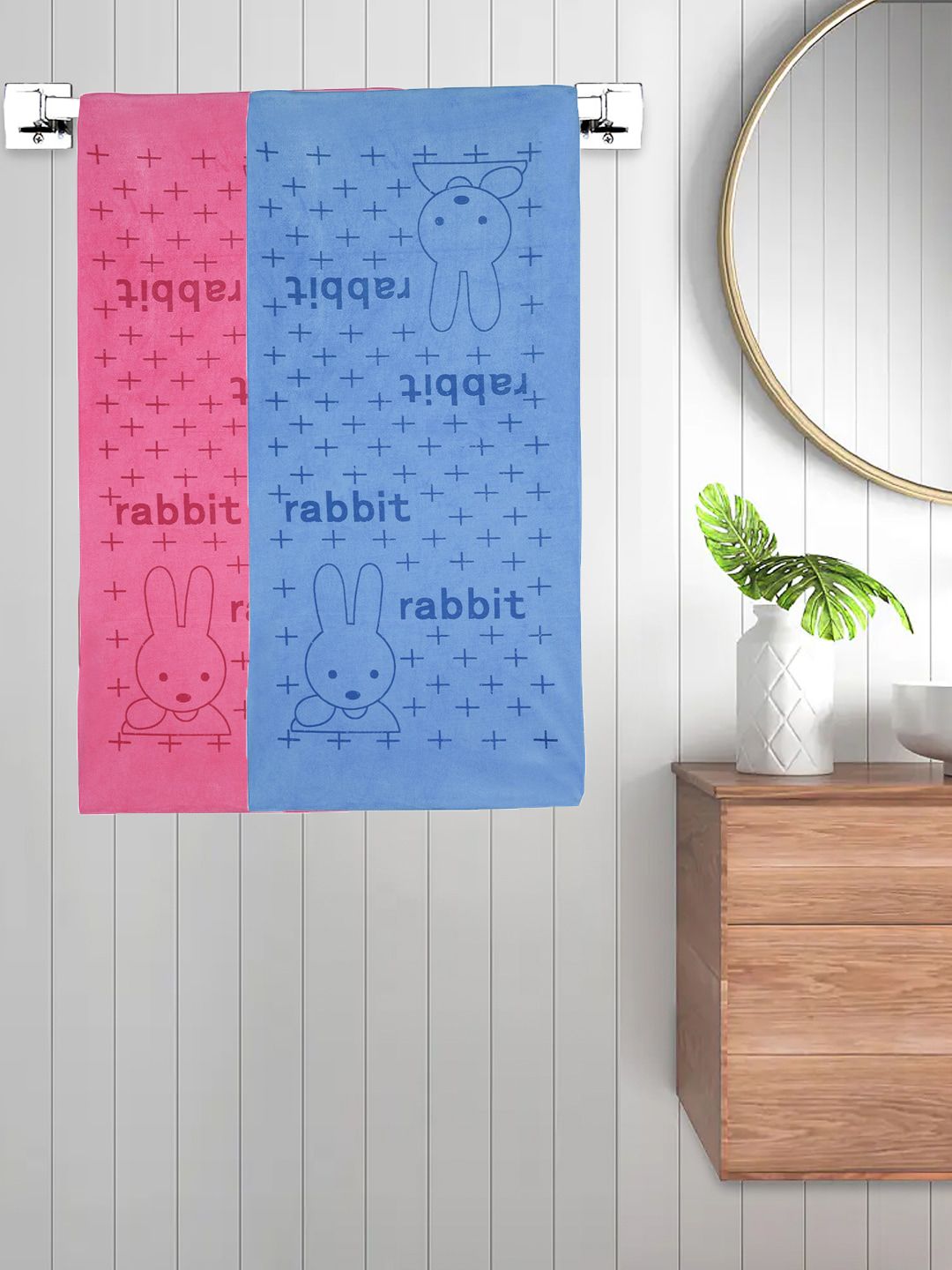 FABINALIV Unisex Kids Pink and Blue 2 Pieces Printed Cotton 300 GSM Bath Towels