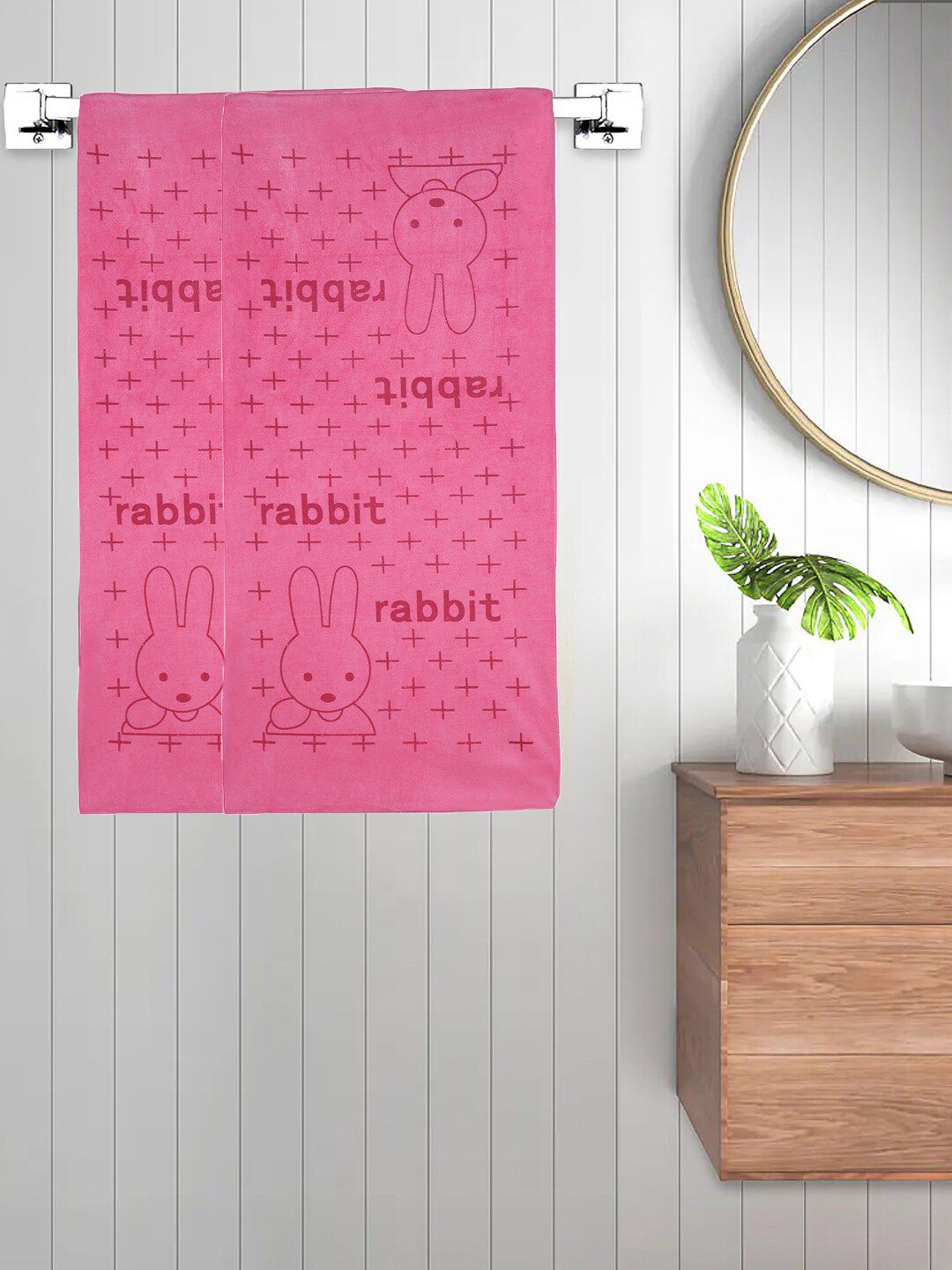 FABINALIV Pink 2 Pieces Printed 300 GSM Cotton Bath Towels