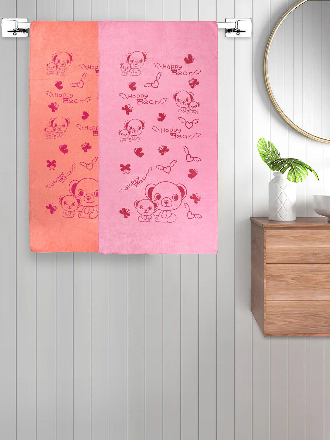 FABINALIV Pink & Orange 2 Pieces Printed 300 GSM Cotton Bath Towels