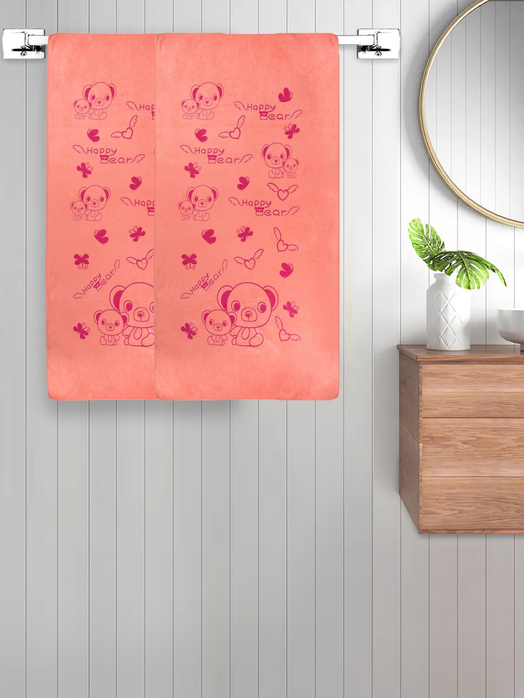 FABINALIV Kids Peach 2 Pieces Printed Cotton 300 GSM Bath Towel