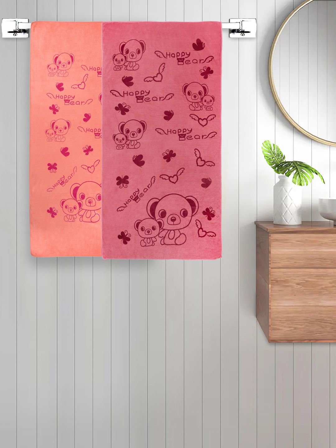 FABINALIV Kids Pink & Orange 2 Pieces Printed Cotton 300 GSM Bath Towel