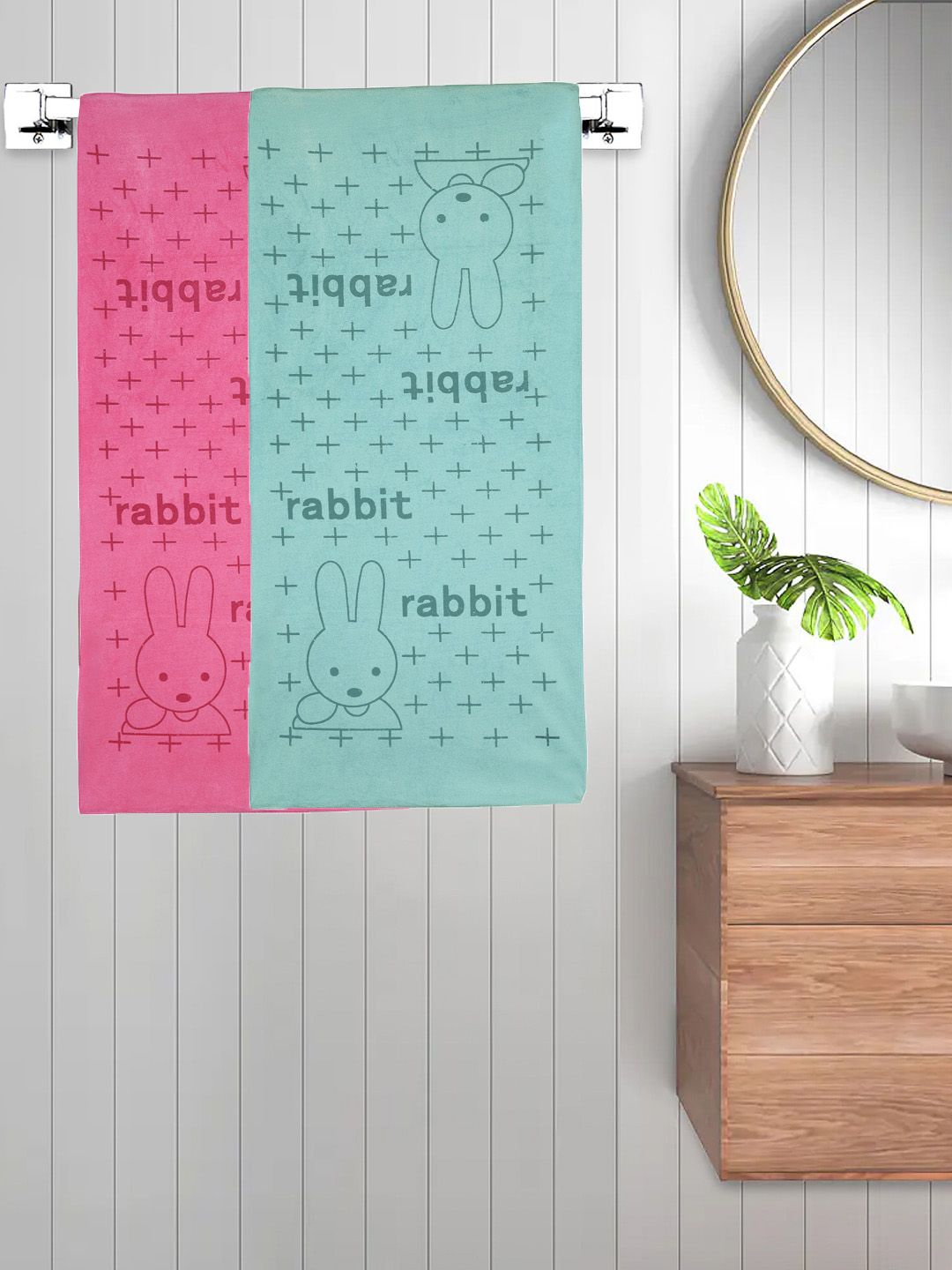 FABINALIV Kids Pink & Green 2 Pieces Printed Cotton 300 GSM Bath Towel