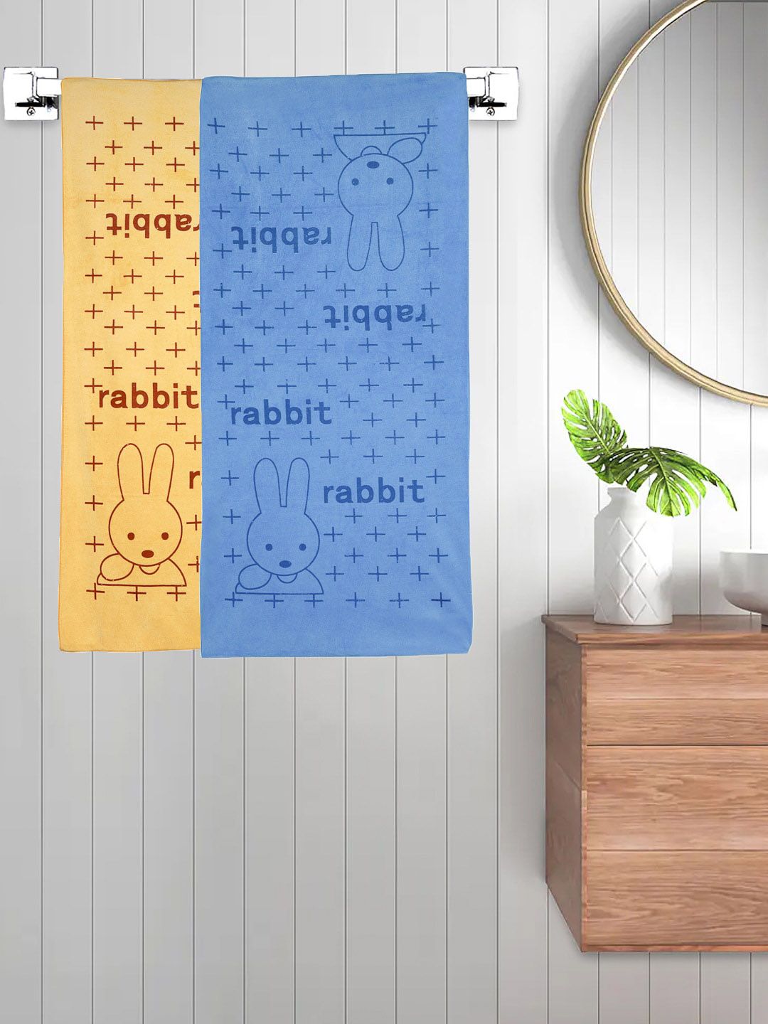 FABINALIV Kids Yellow & Blue 2 Pieces Printed Cotton 300 GSM Bath Towel