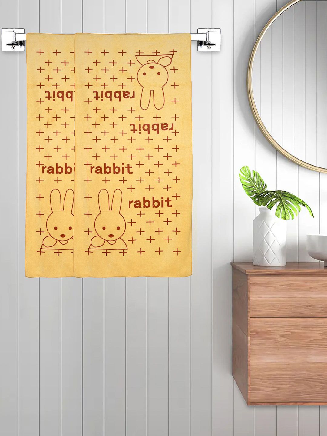 FABINALIV Yellow 2 Pieces Cartoon Printed Cotton 300 GSM Kids Bath Towels