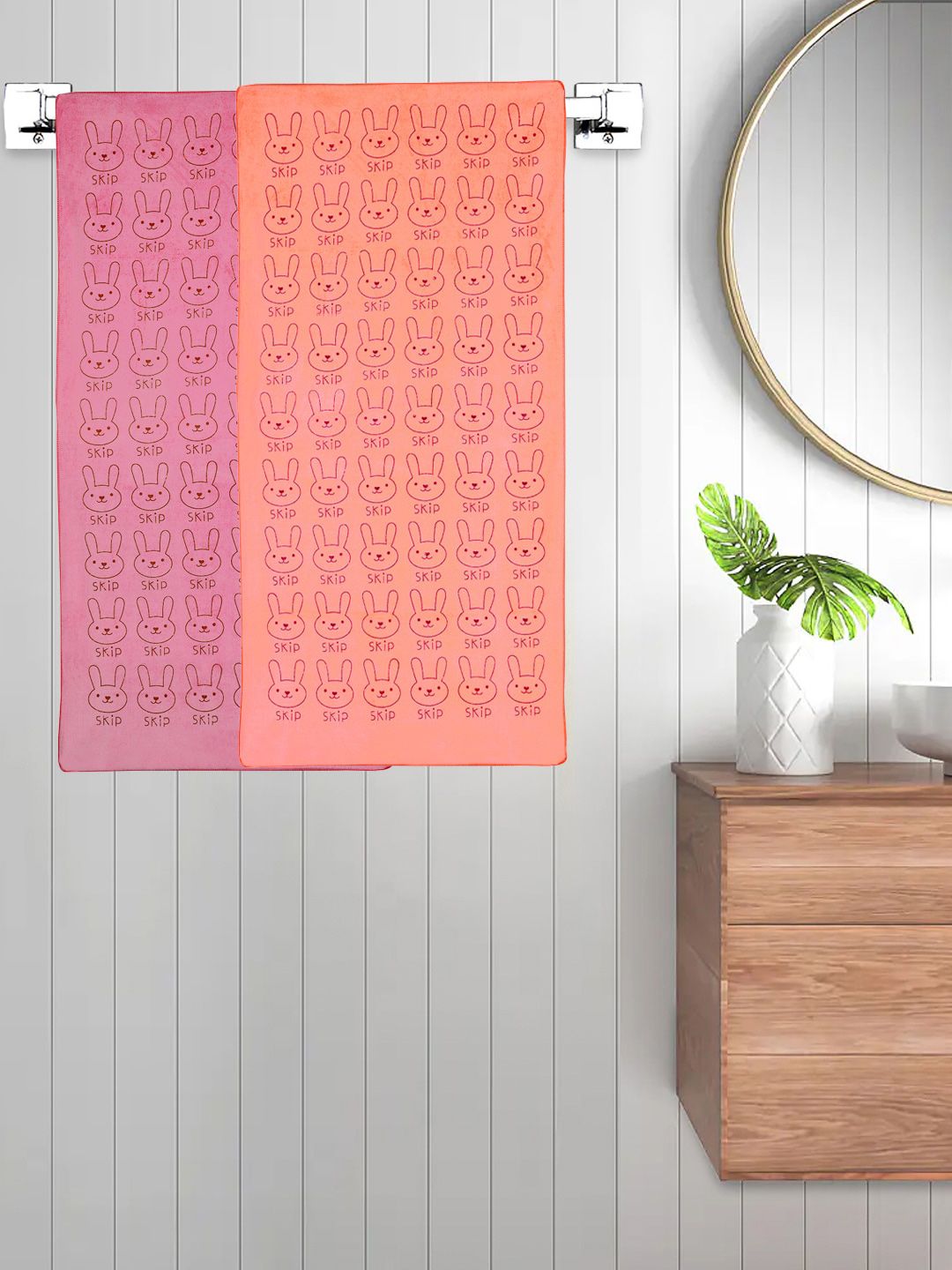 FABINALIV Kids Orange & Pink 2 Pieces Printed Cotton Bath Towels