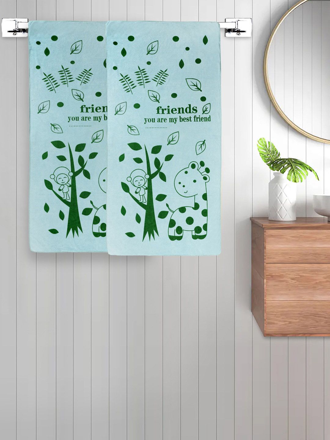 FABINALIV  Kids Green 2 Pieces Printed Cotton Bath Towels