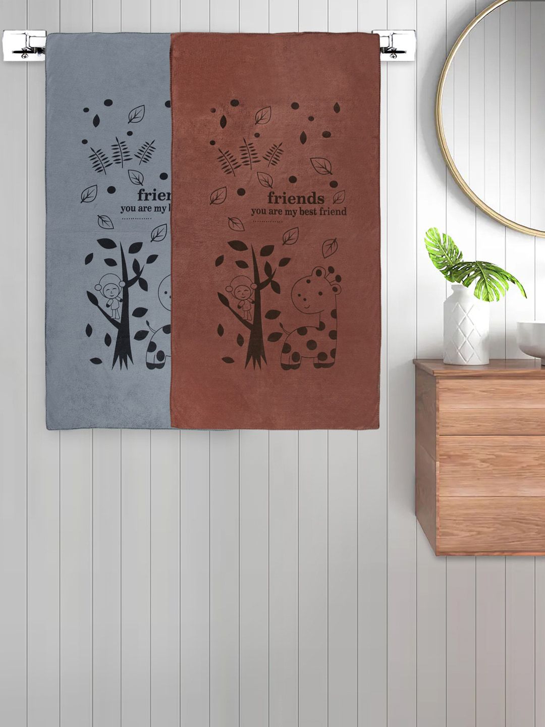 FABINALIV Unisex Kids Grey & Brown 2 Pieces Printed Cotton Bath Towels
