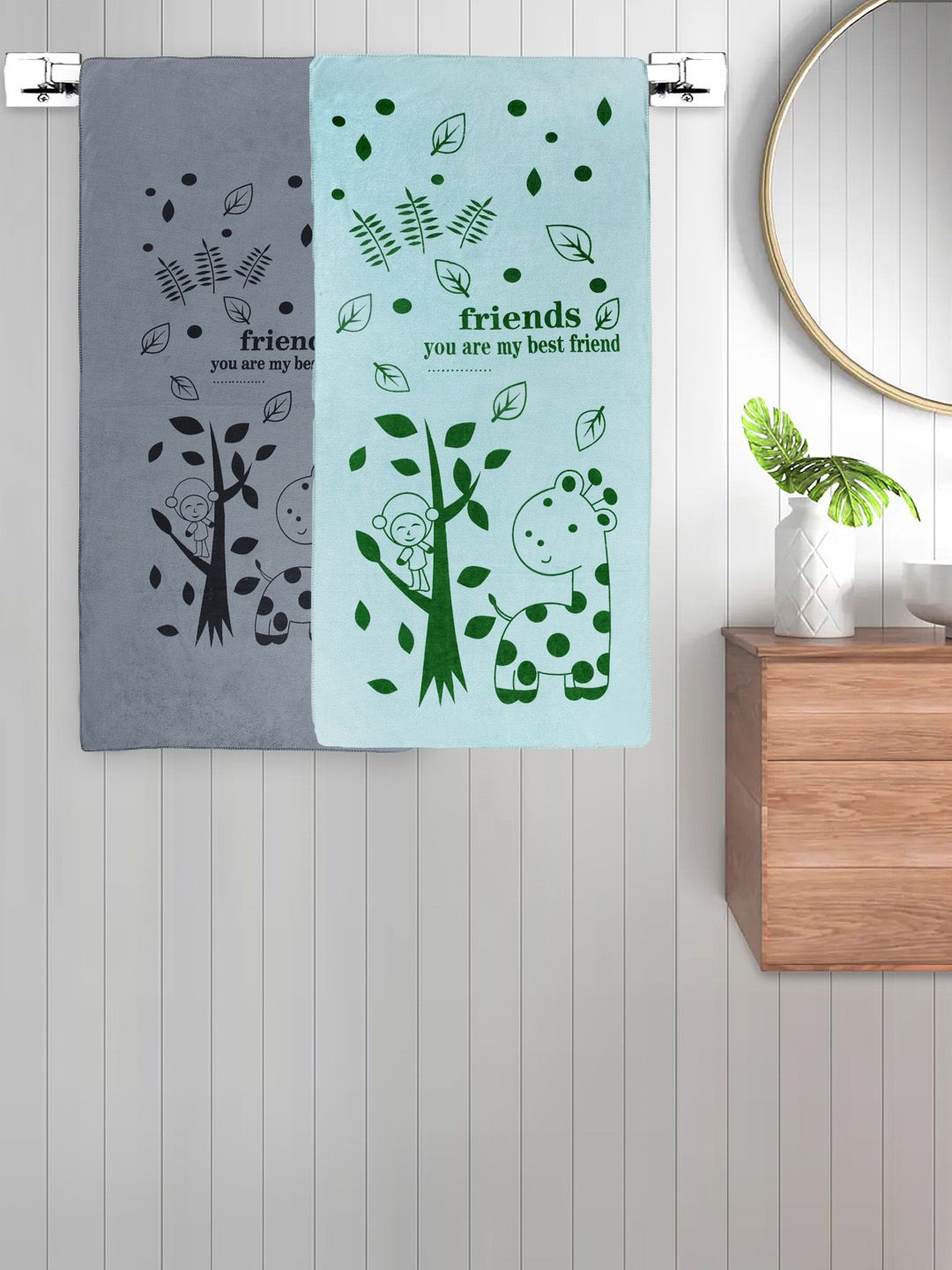FABINALIV Green & Grey 2 Pieces Cartoon Printed Cotton 300 GSM Kids Bath Towels