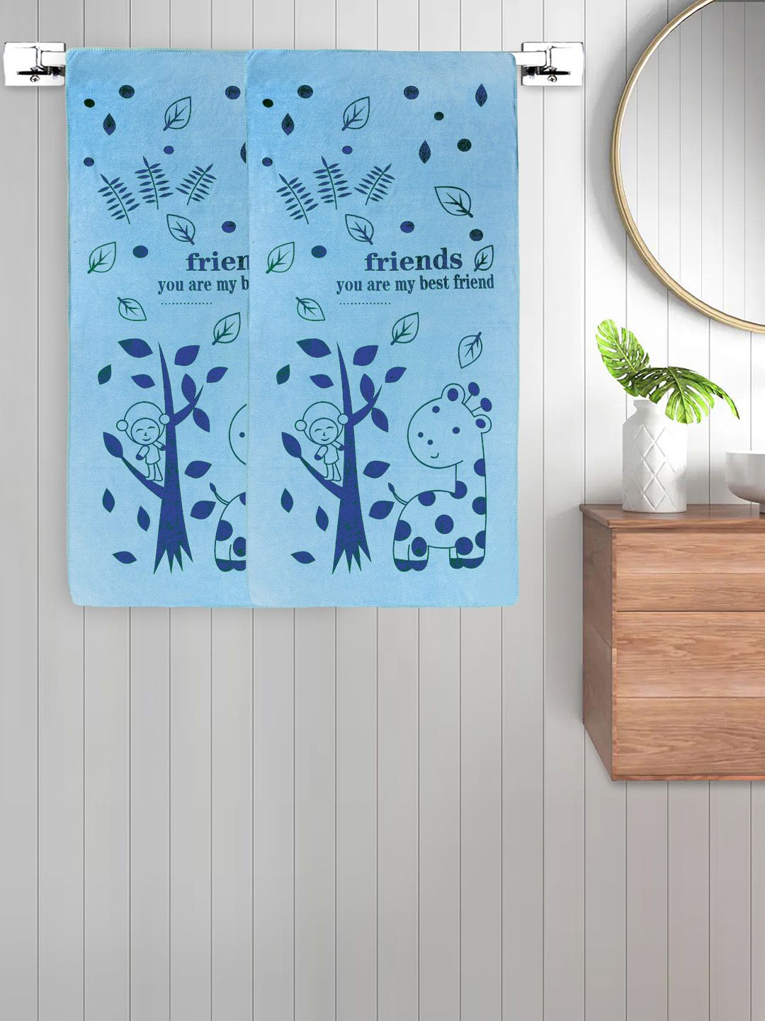FABINALIV Blue 2 Pieces Cartoon Printed Cotton 300 GSM Kids Bath Towels