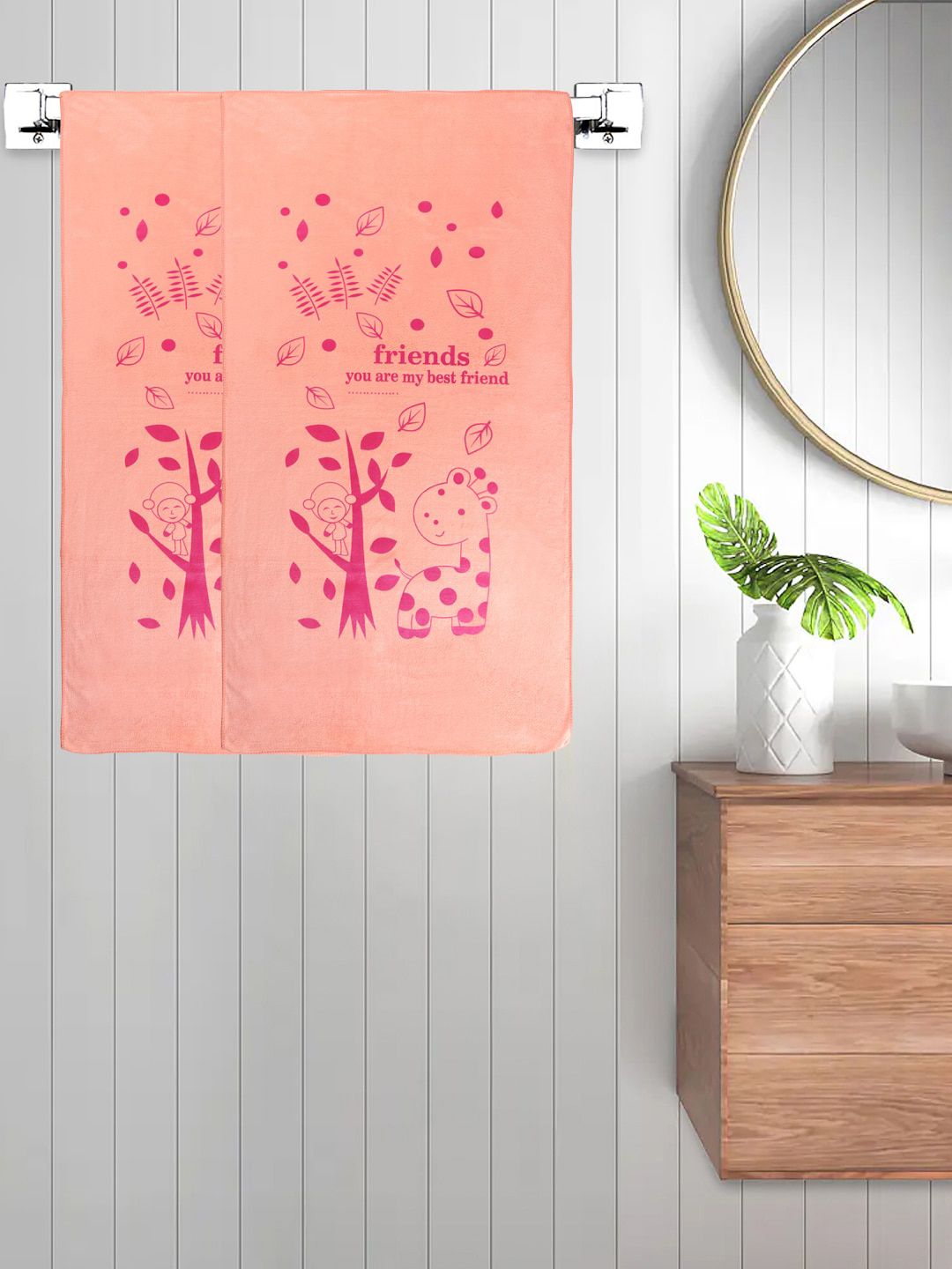FABINALIV Kids Peach 2 Pieces Printed Cotton Bath Towels