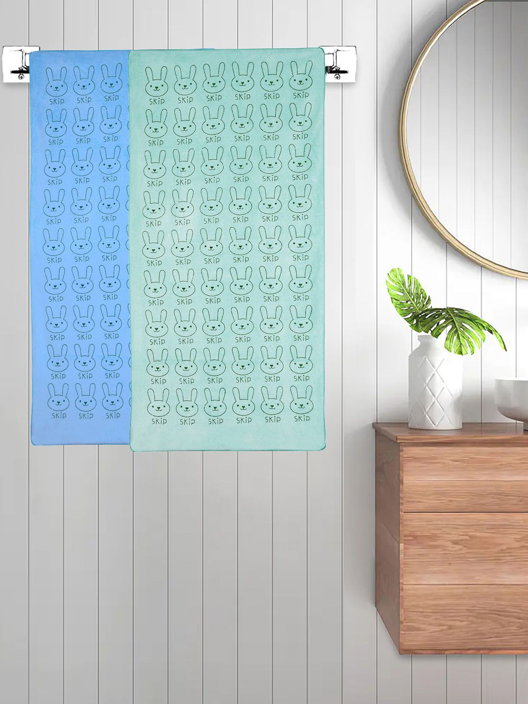 FABINALIV Kids Blue & Green 2 Pieces Printed Cotton Bath Towels
