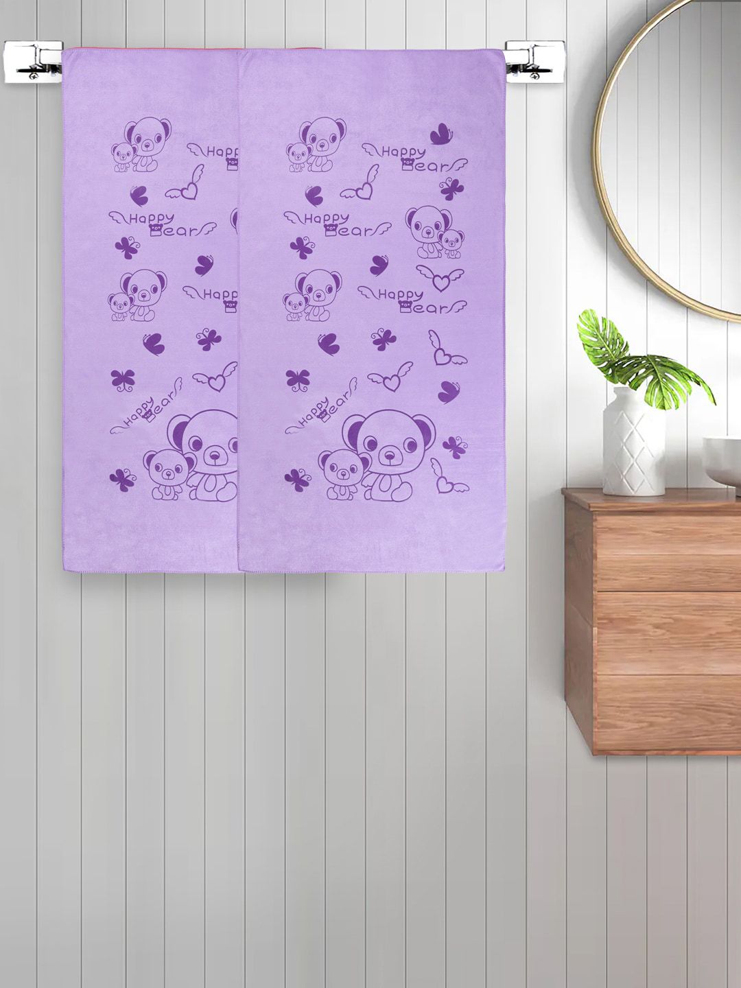 FABINALIV Kids Purple 2 Pieces Printed Cotton Bath Towels