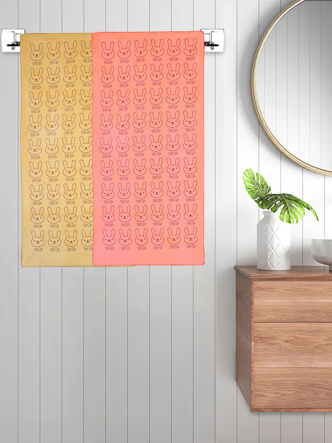 FABINALIV Kids Peach & Mustard 2 Pieces Printed Cotton Bath Towels