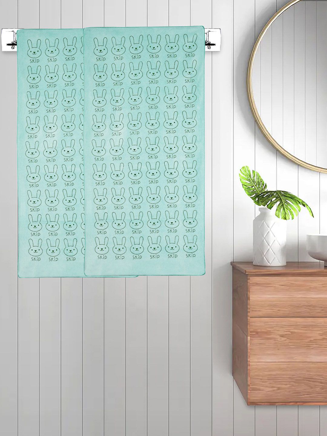 FABINALIV Kids Green 2 Pieces Printed Cotton Bath Towels