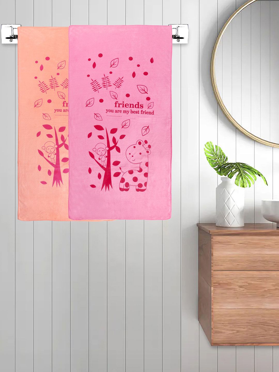 FABINALIV Orange & Pink 2 Printed Cotton 300 GSM Bath Towel