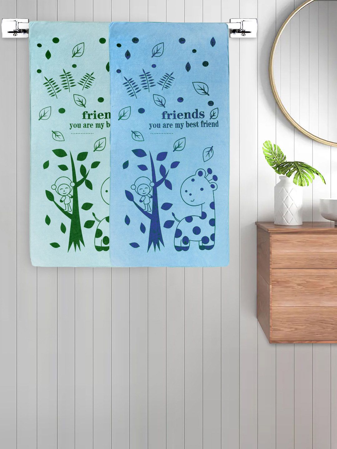 FABINALIV Green & Blue 2 Pieces Printed Cotton 300 GSM Bath Towel