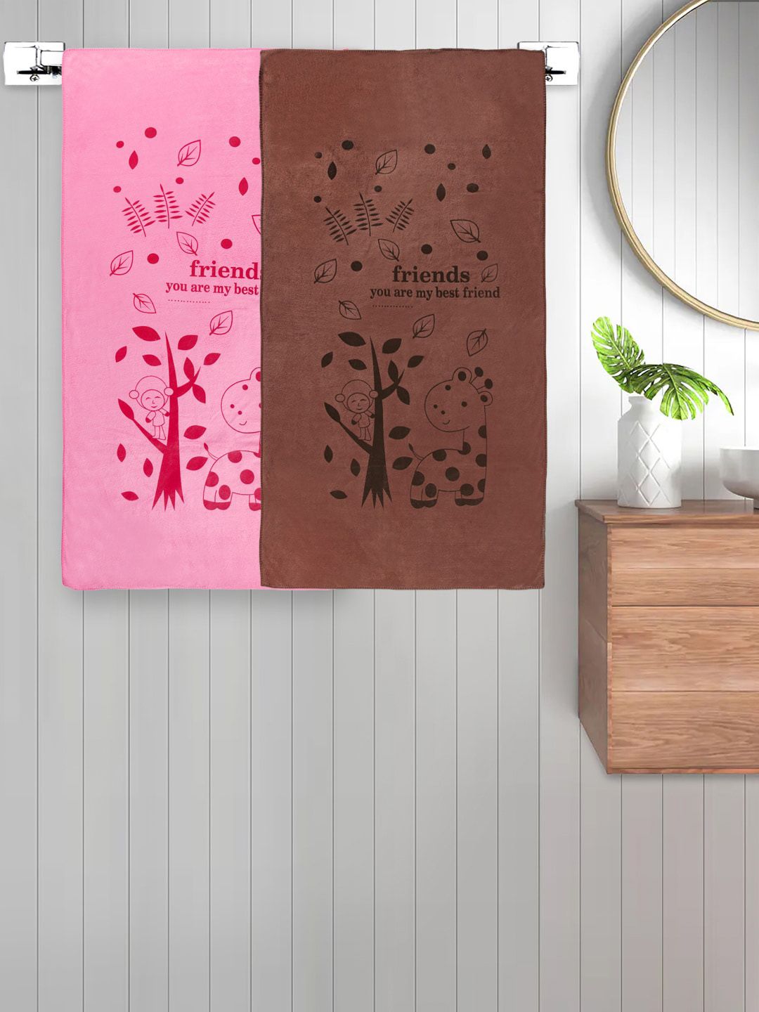 FABINALIV Pink & Brown 2 Pieces Printed Cotton 300 GSM Bath Towel