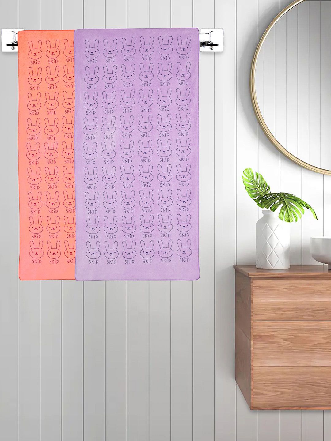 FABINALIV Orange & Purple 2 Pieces Printed Cotton 300 GSM Bath Towel