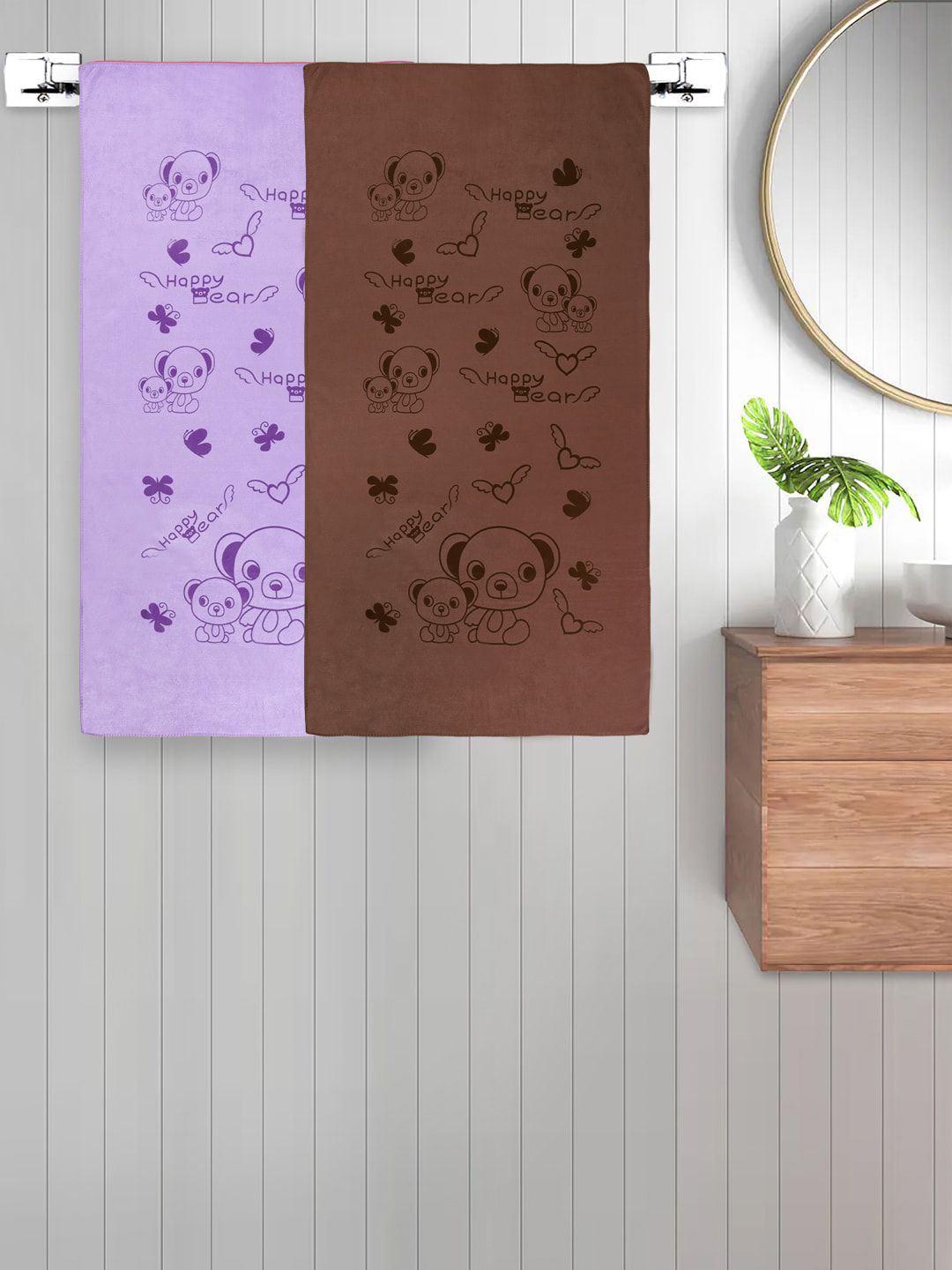 FABINALIV Purple & Brown 2 Pieces Printed Cotton 300 GSM Bath Towel