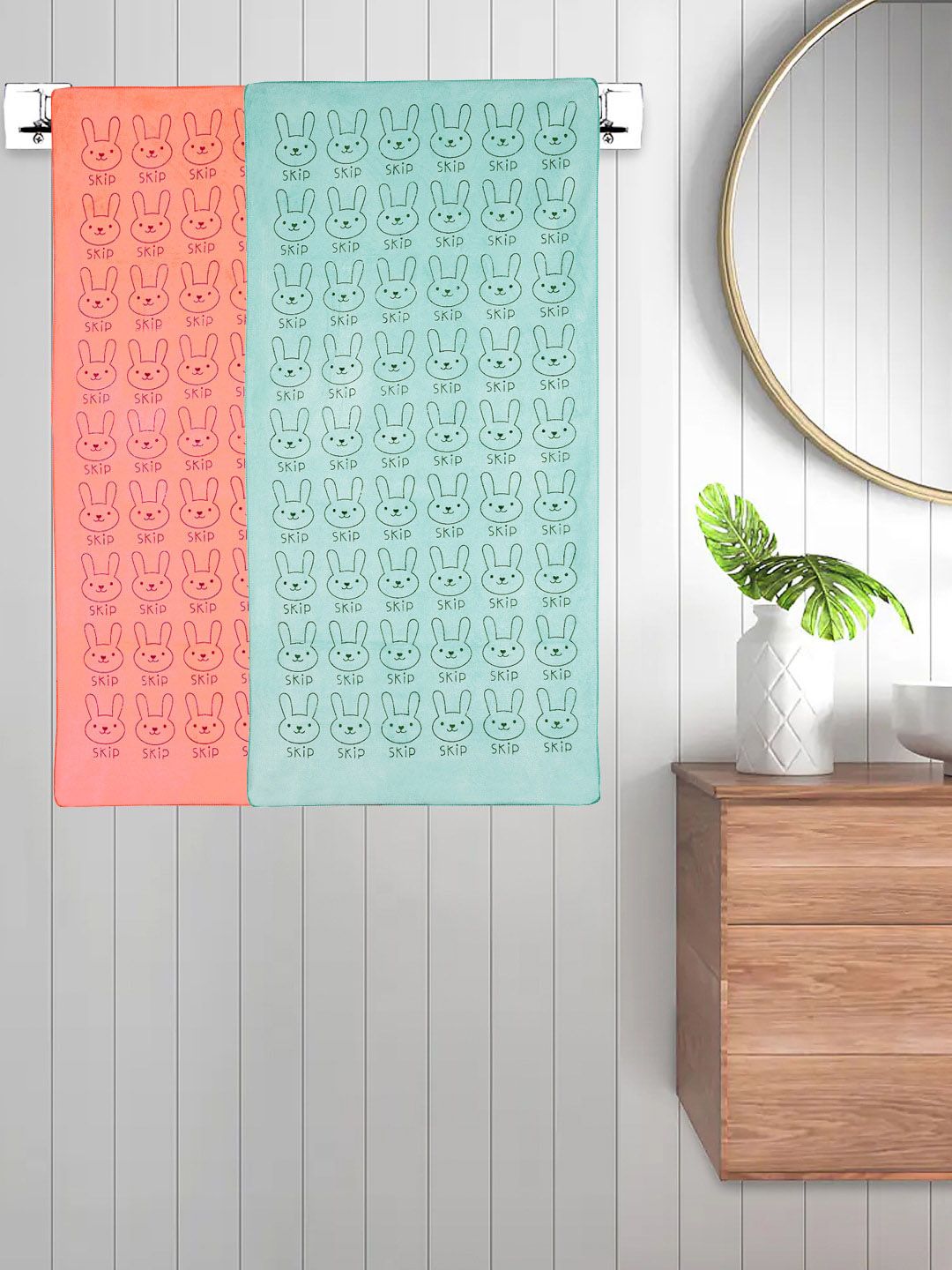 FABINALIV Blue & Orange 2 Pieces Printed Cotton 300 GSM Bath Towel