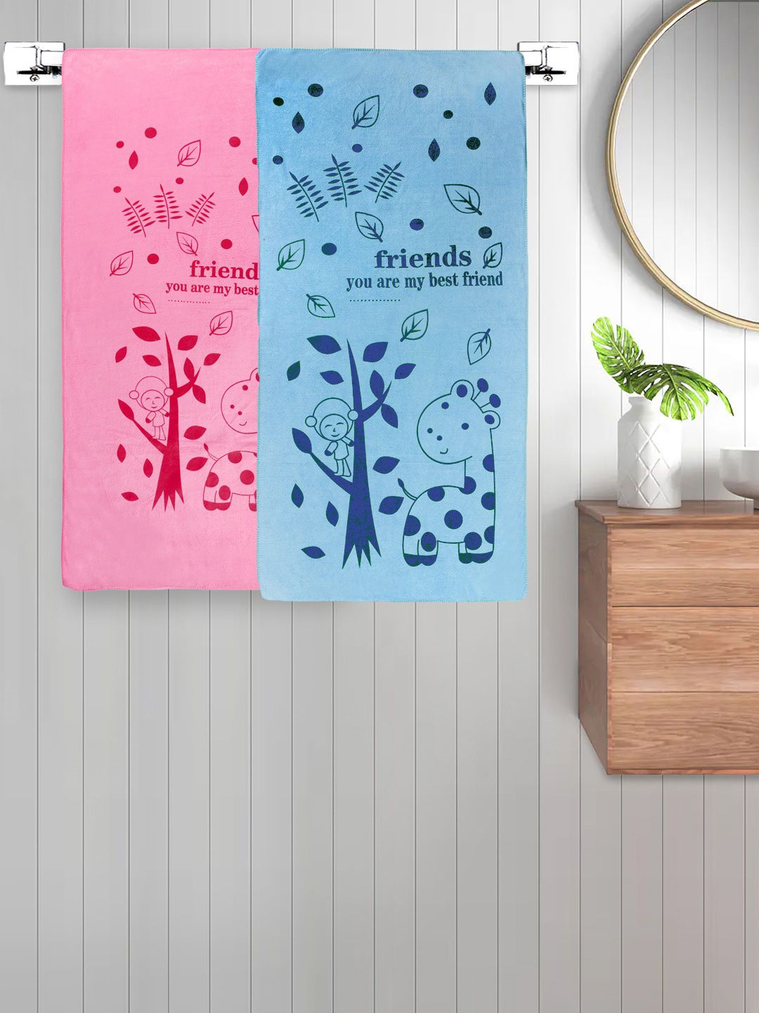FABINALIV Pink & Blue 2 Pieces Cartoon Printed Cotton 300 GSM Kids Bath Towels