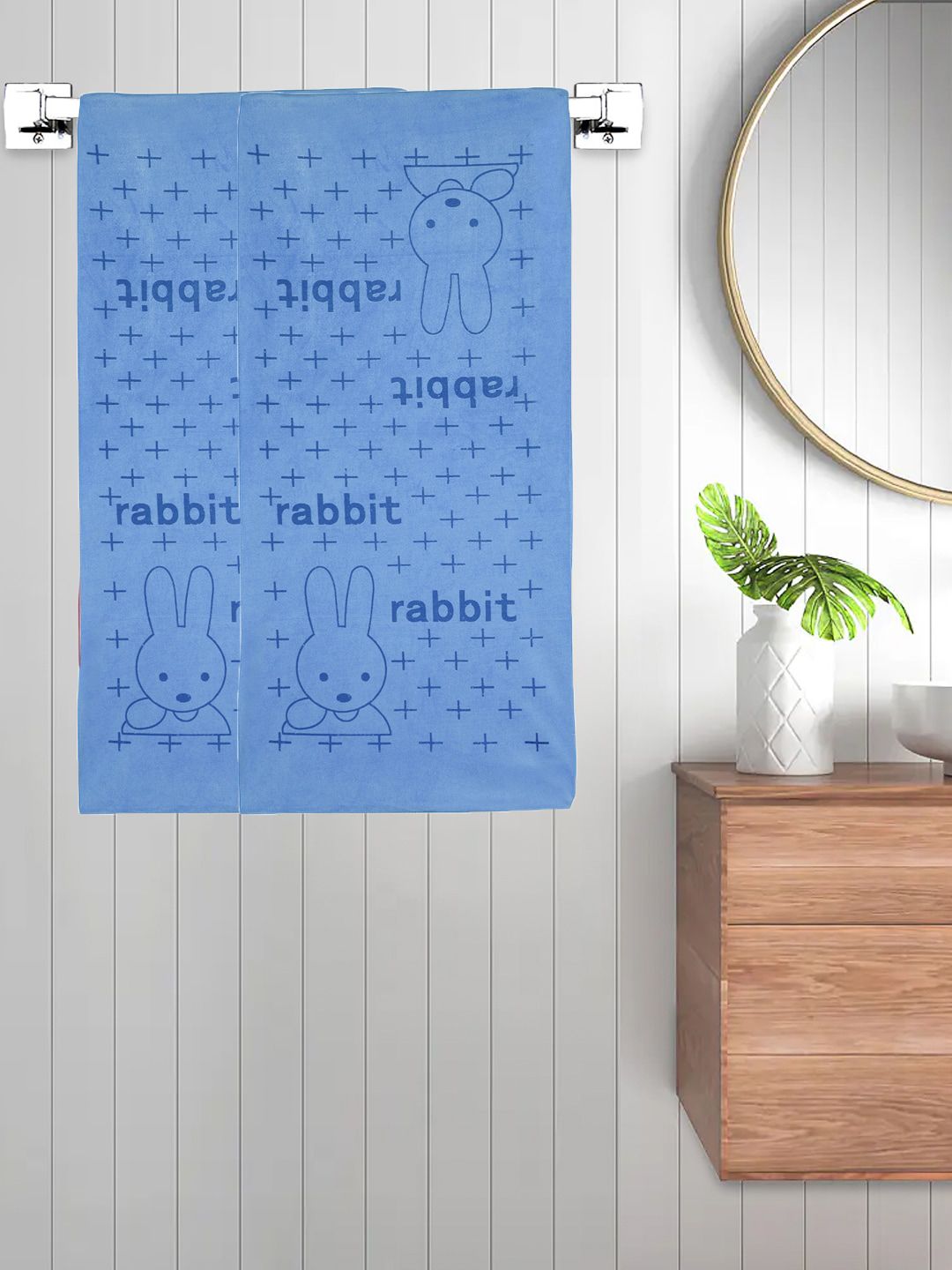 FABINALIV Kids Blue 2 Pieces Cartoon Printed 300 GSM Cotton Bath Towels