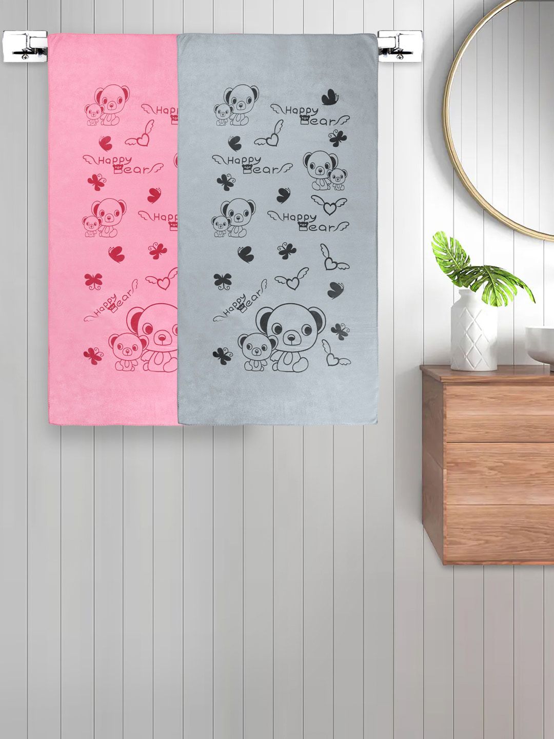 FABINALIV Grey & Pink 2 Pieces Cartoon Printed Cotton 300 GSM Kids Bath Towels