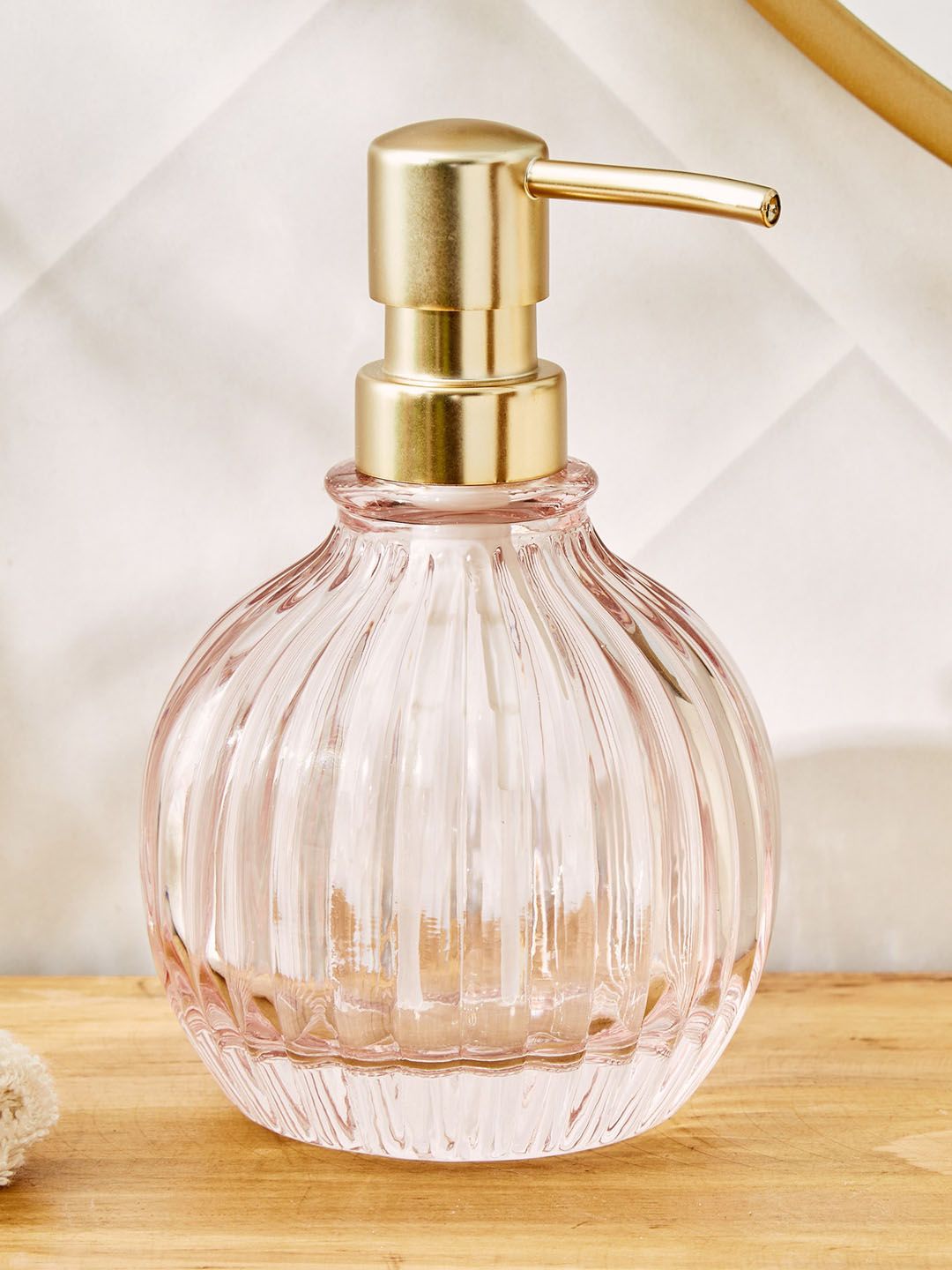 Home Centre Pink Striped Glass Soap Dispenser 320ml