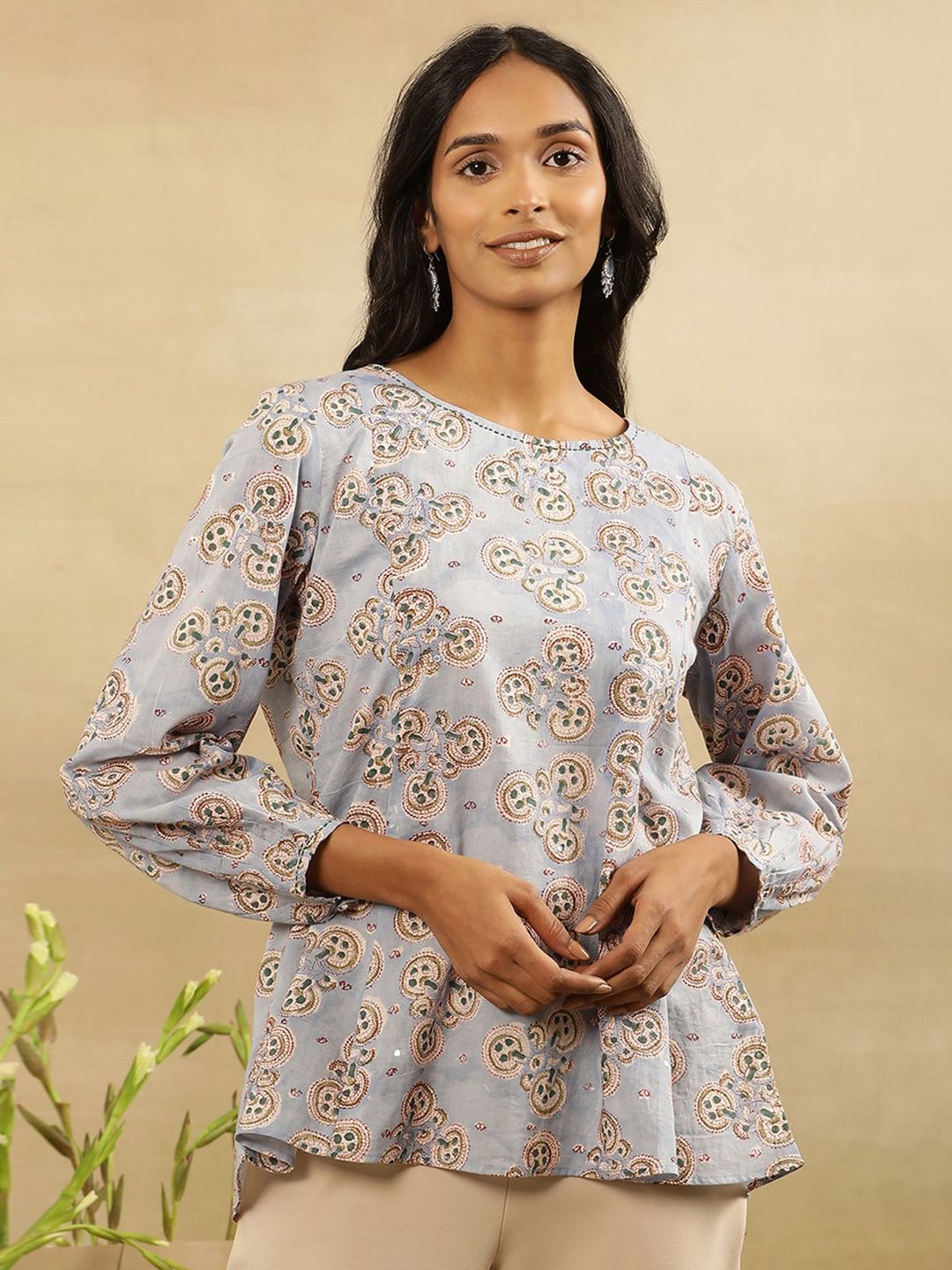 Folk Song Women Ethnic Motifs Printed Puff Sleeve Ethnic Cotton Top