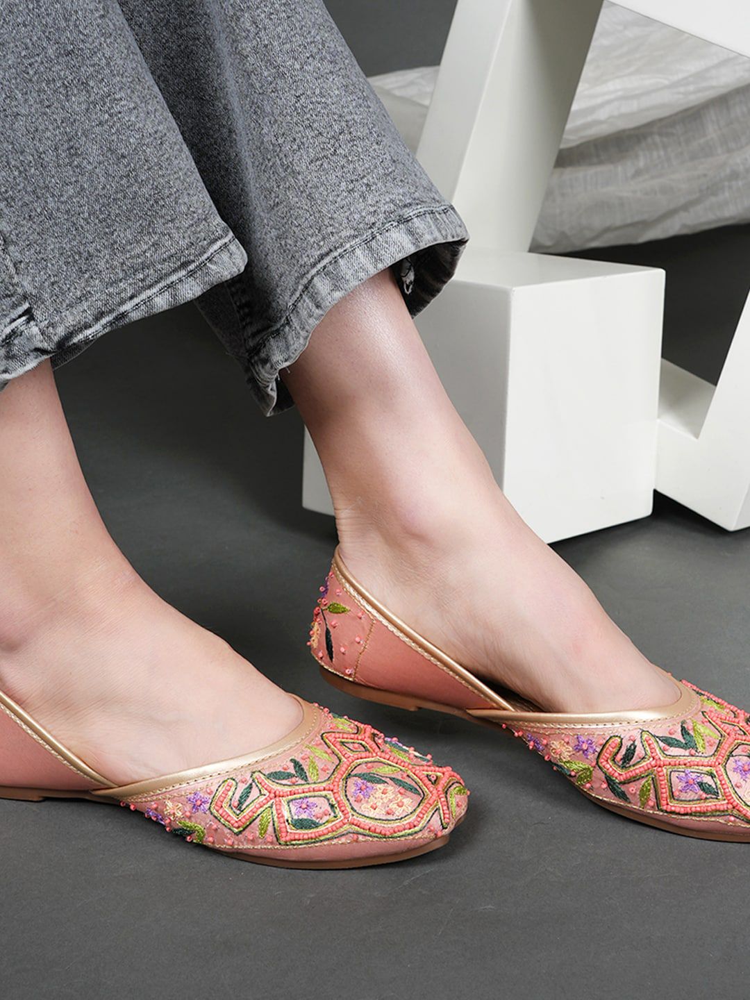 Anouk Peach-Coloured Embellished Round Toe Ballerinas