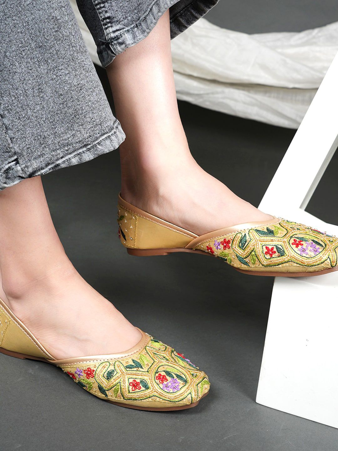 Anouk Yellow Embellished Round Toe Ballerinas