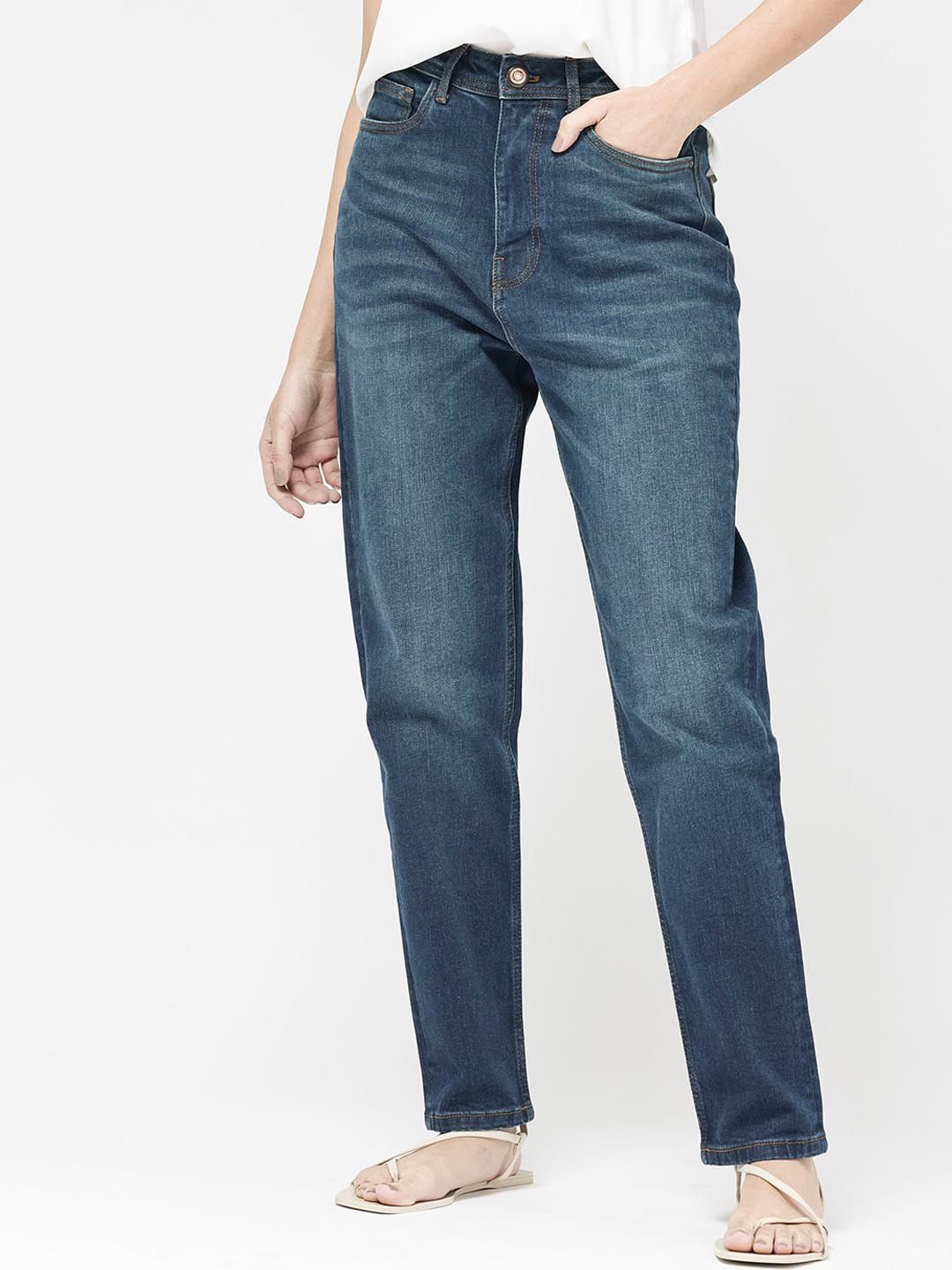 Blue Plain Mom Fit Fit Mid Rise Jeans