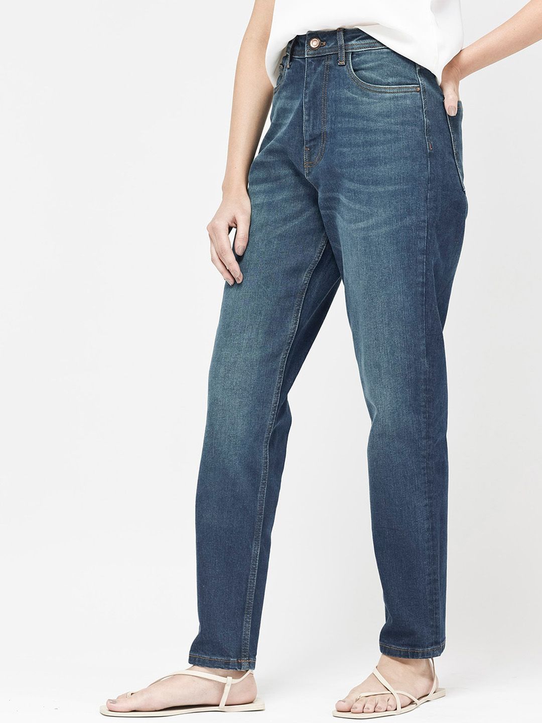 Blue Plain Mom Fit Fit Mid Rise Jeans