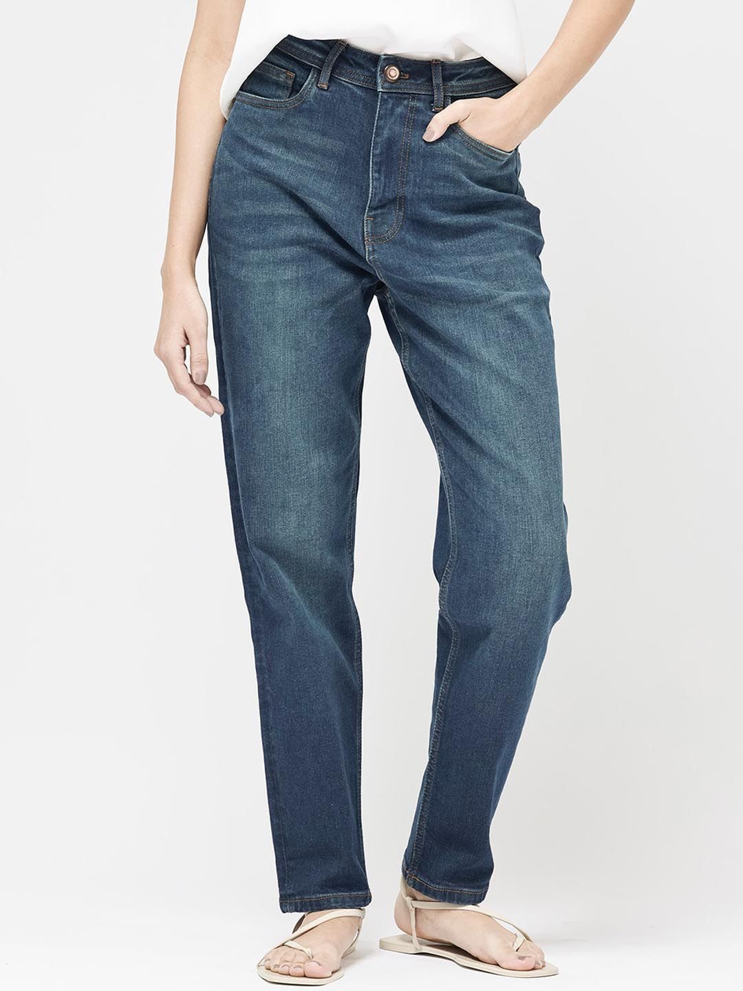 Blue Plain Mom Fit Fit Mid Rise Jeans