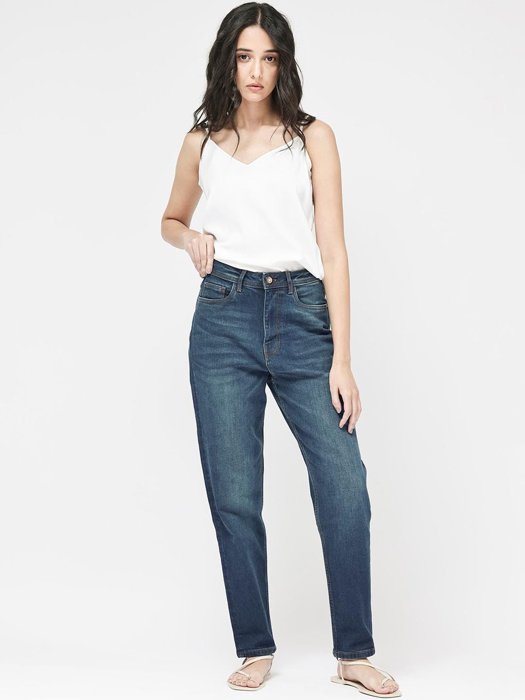 Blue Plain Mom Fit Fit Mid Rise Jeans