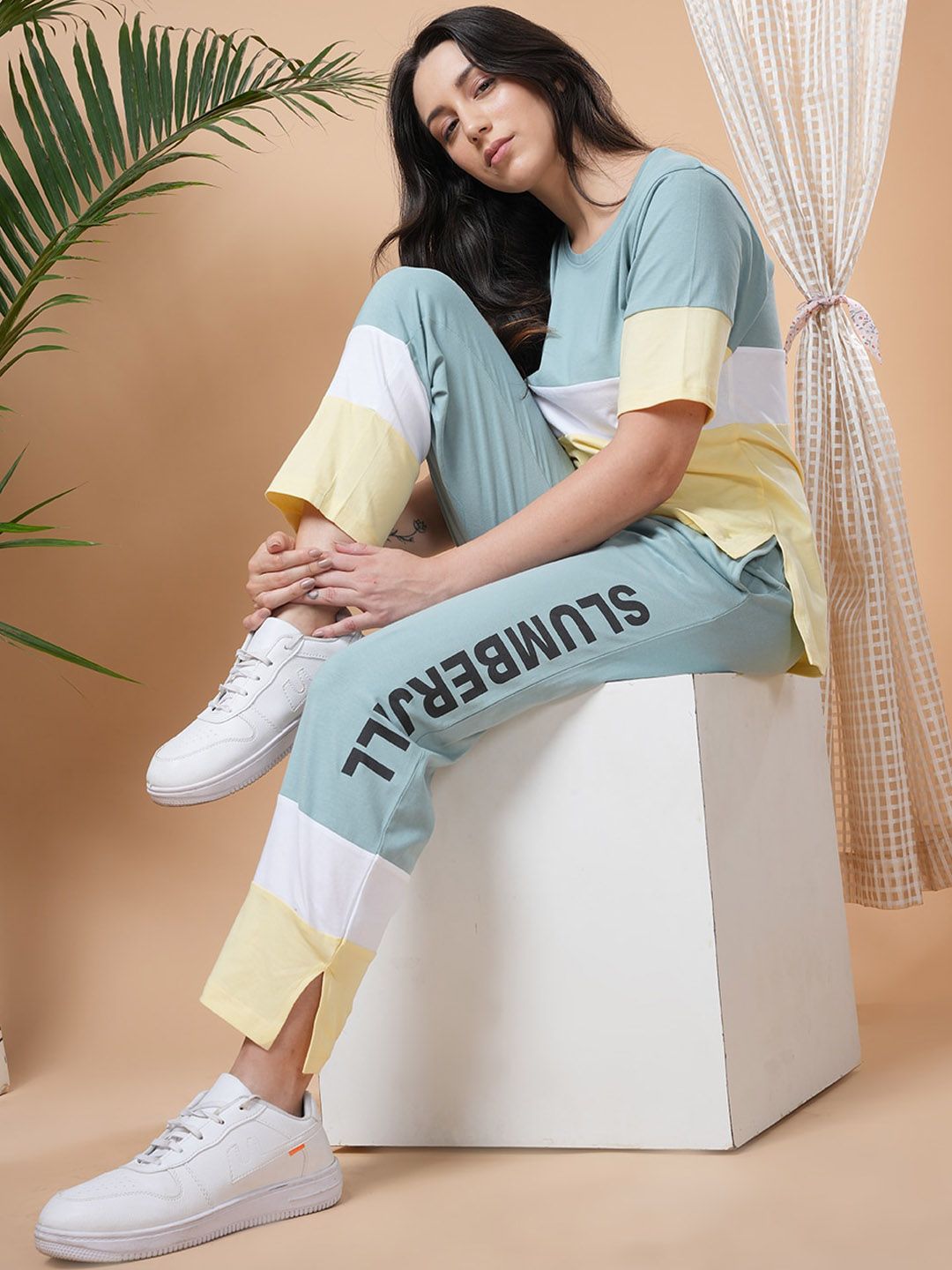 Slumber Jill Colorblocked Pure Cotton Round Neck T-Shirt & Flared Trouser Co-Ords