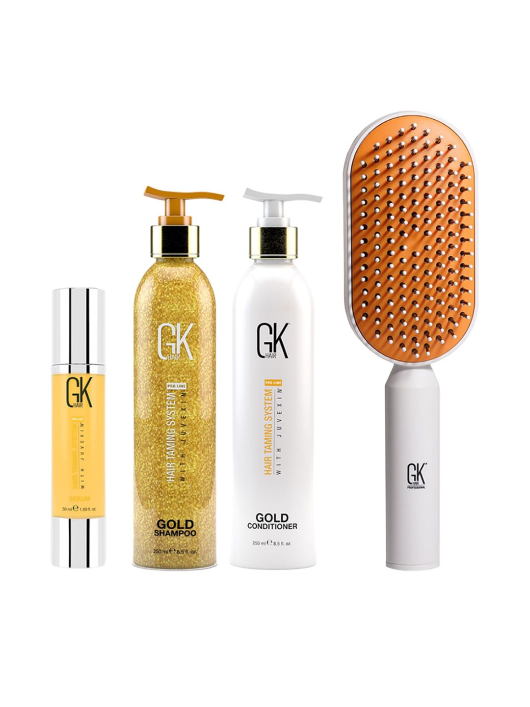 GK HAIR Set Of 4 Gold Shampoo-Conditioner -Argan Serum & Hair Brush Combo