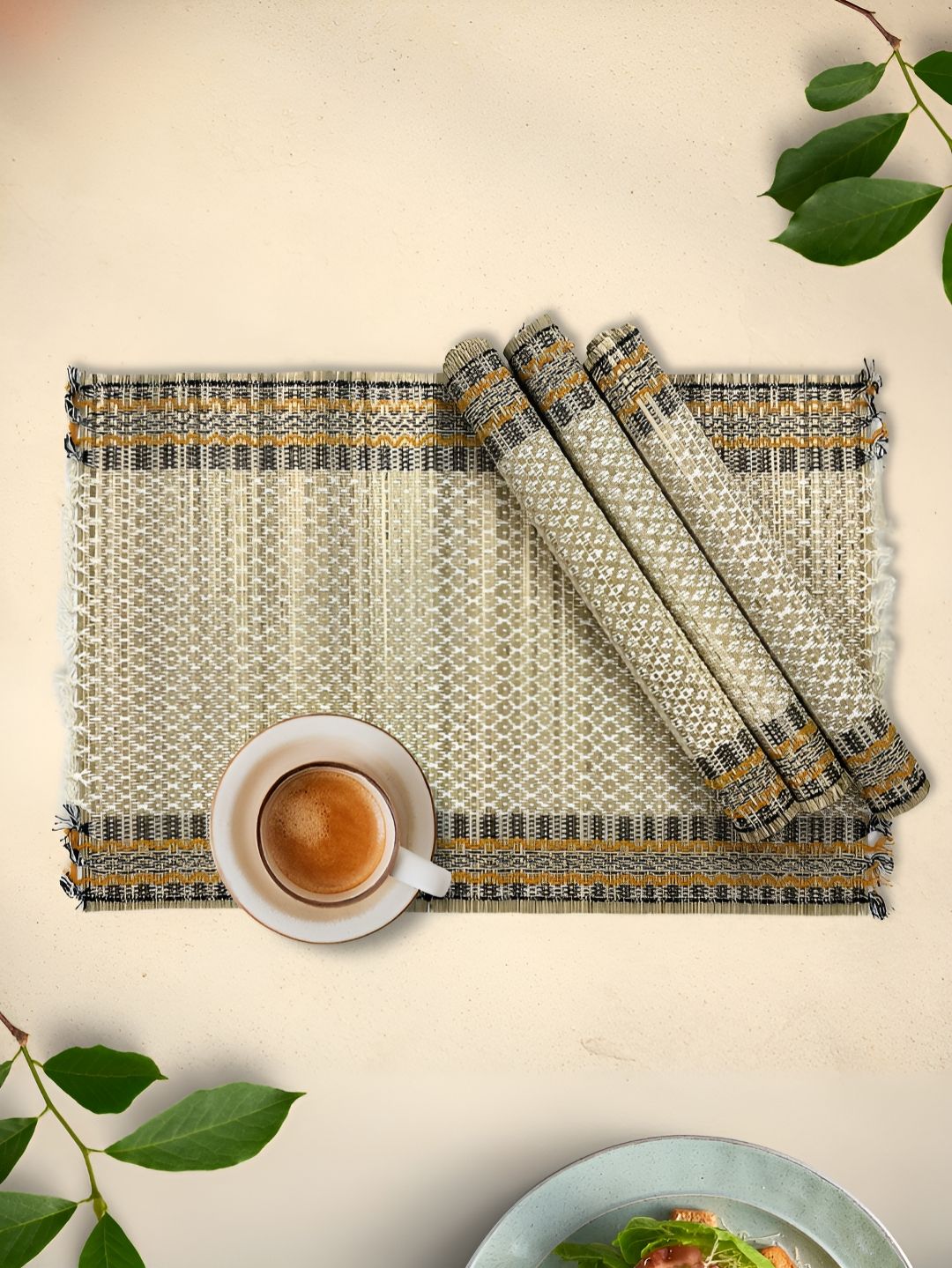 Peepul Tree 4Pcs Beige Self-Design Dining Table Mats
