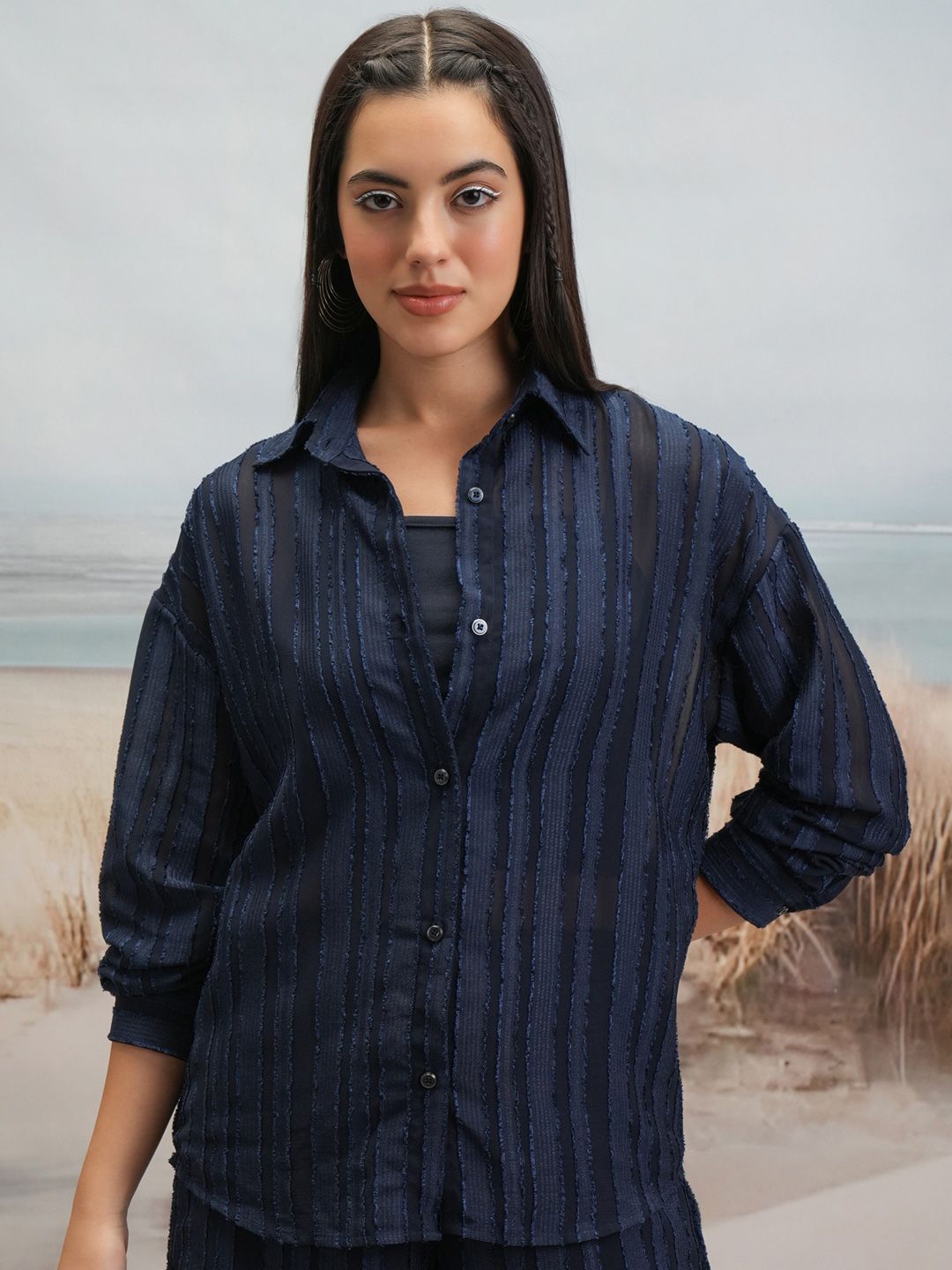 Tokyo Talkies Tokyo Talkies Striped Relaxed-Fit Shirt With Shorts Co-Ords