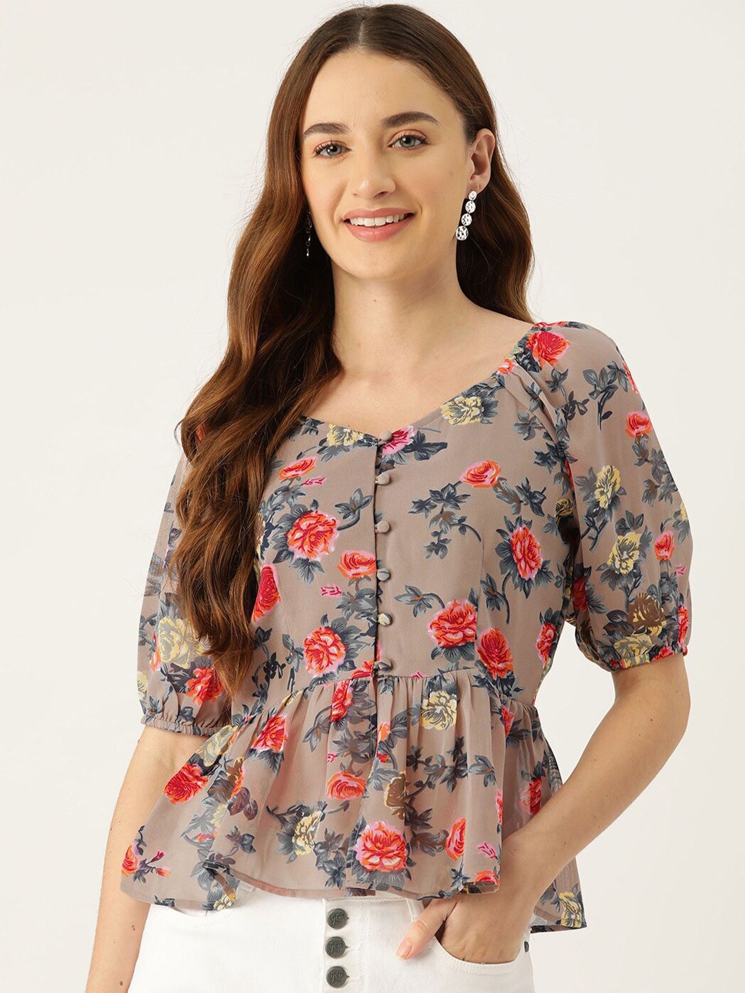 Buy Slenor Floral Print Georgette Peplum Top - Tops for Women