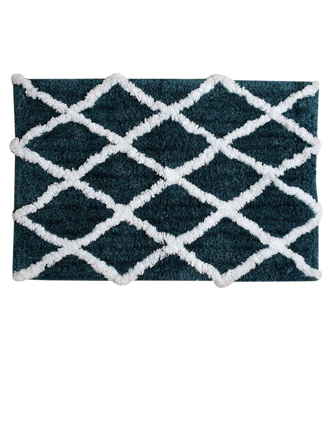 Aura Teal Green & White Checked Rectangular 1850 GSM Anti Skid Bath Rug