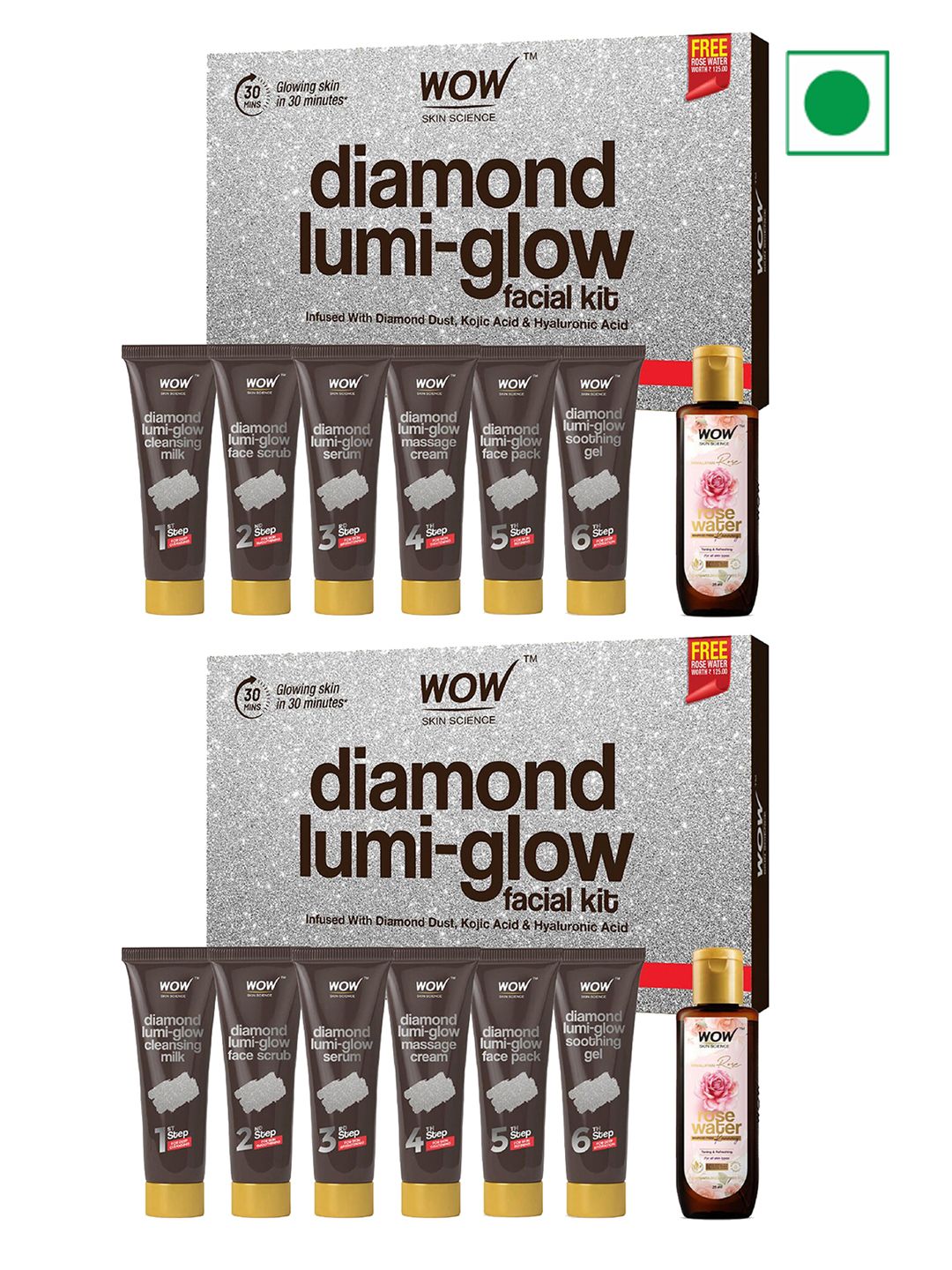 WOW SKIN SCIENCE WOW SKIN SCIENCE Set of 2 Diamond Lumi-Glow Facial Kit with Kojic Acid & HA - 85 ml each