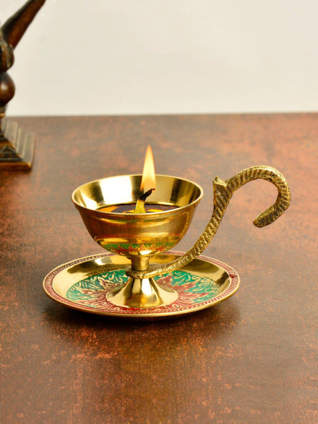 StyleMyWay Gold Toned & Red Brass Diya with Handle