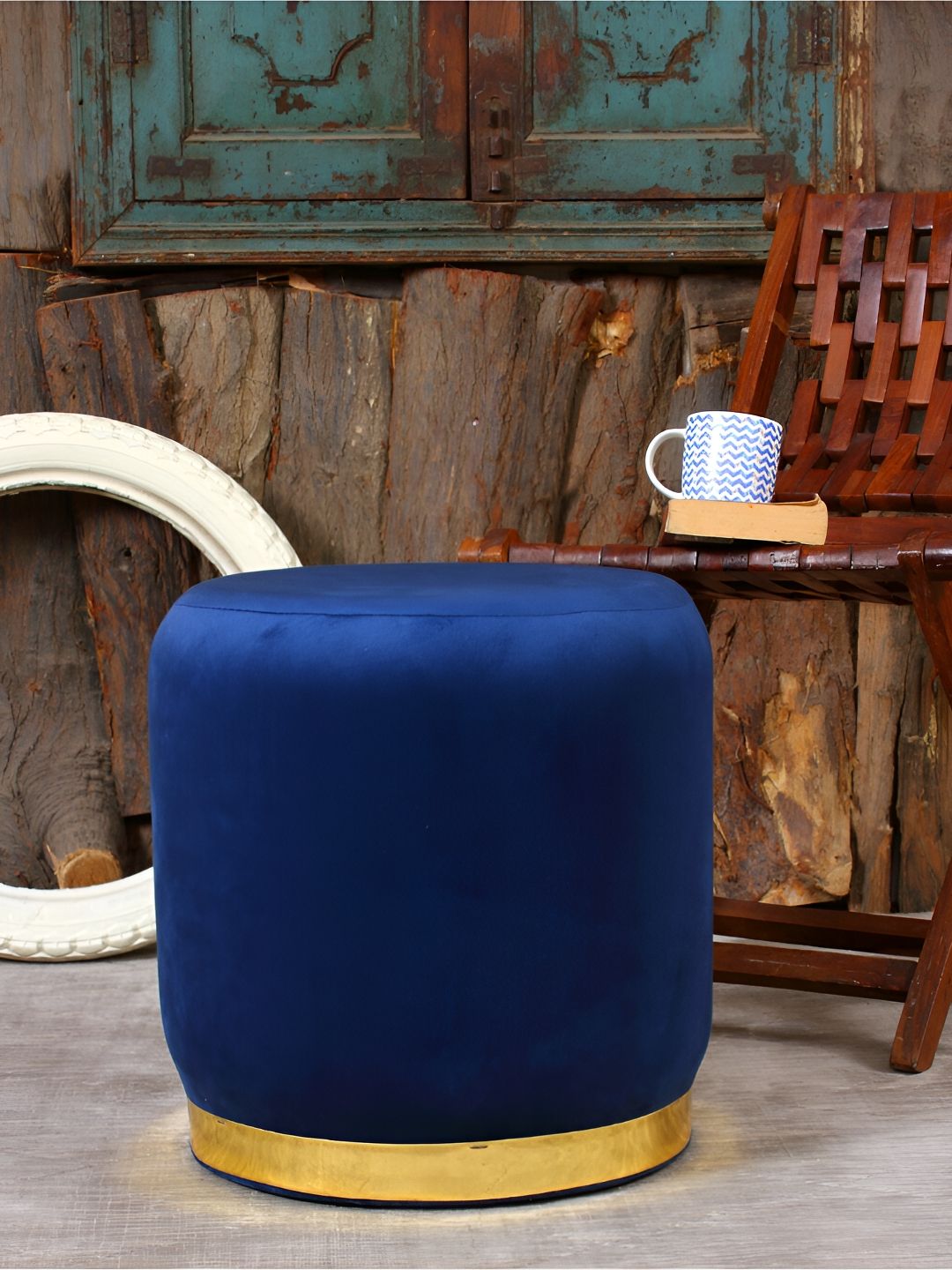Shadowkart Blue Wooden Pouffes Sitting Mudda Ottomans