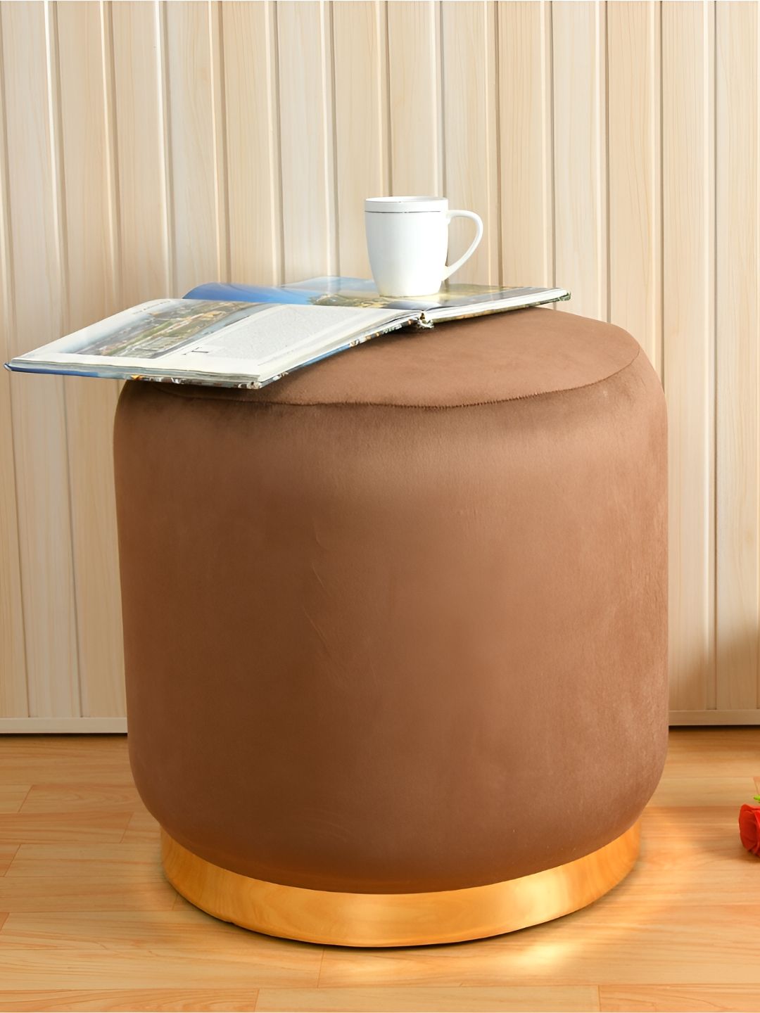 Shadowkart Brown Wooden & Velvet Round Ottoman