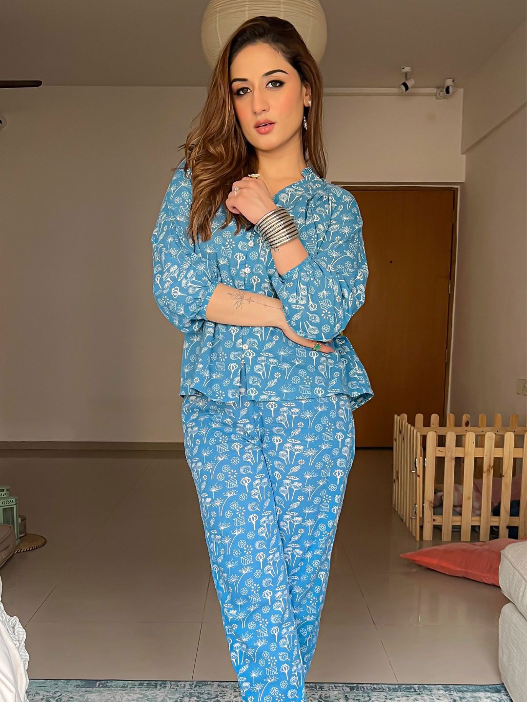 SANSKRUTIHOMES Blue Printed Pure Cotton Top With Trousers