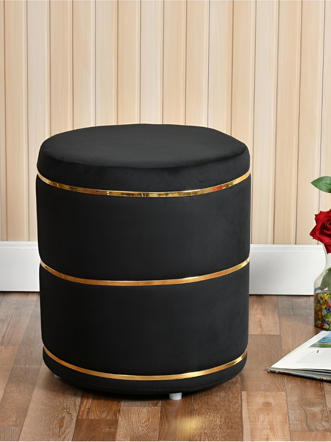 Shadowkart Black & Gold-Toned Wooden Cylindrical Ottoman