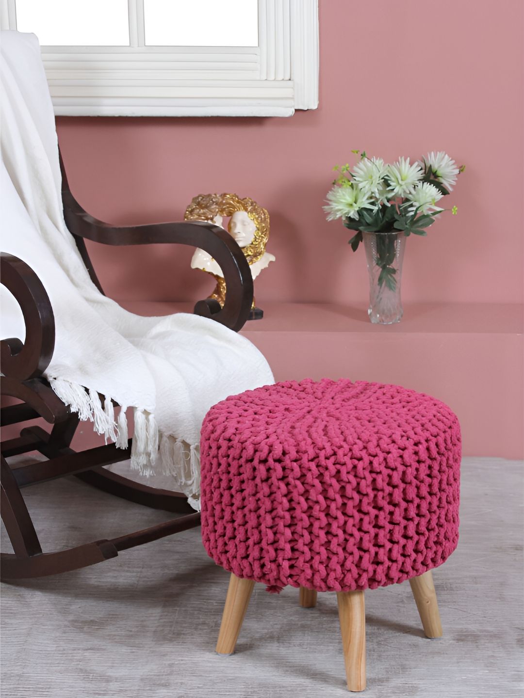 Shadowkart Pink & Brown Textured Braided Wooden Round Ottoman